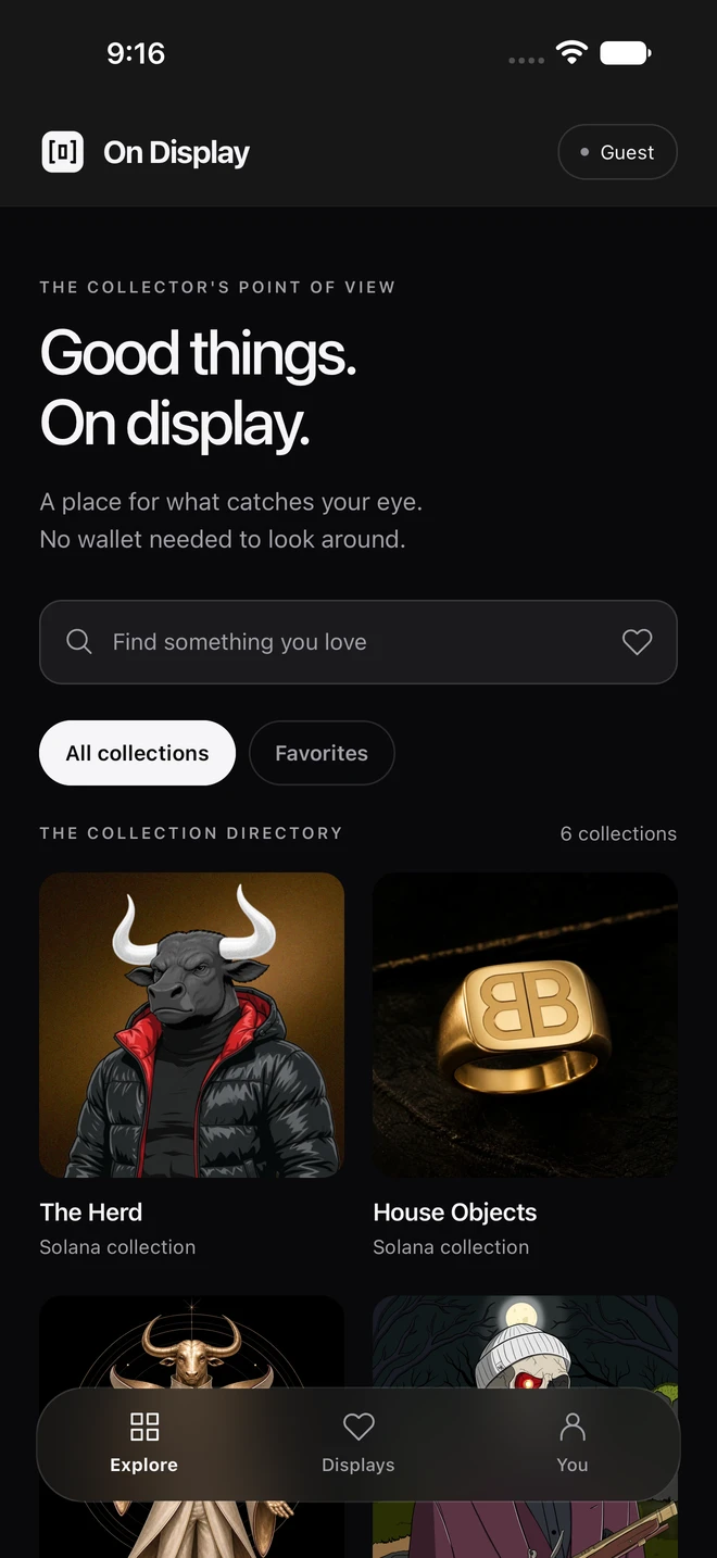 On Display prototype showing collection browsing with a black interface and frosted navigation