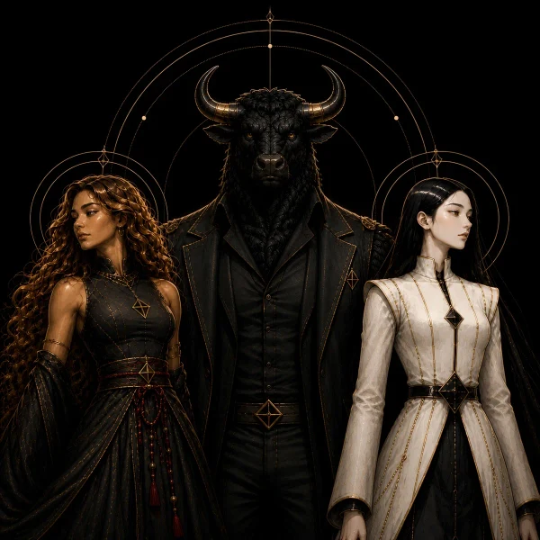 A bull flanked by two women in a dark portrait from BULLENSAGA Founding Records